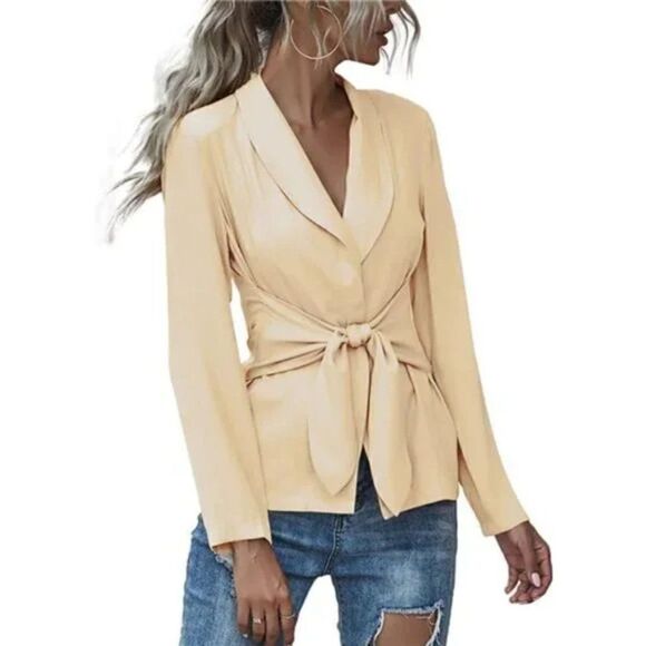 Women's V Neck Blazer Jacket Self Tie Knot Khaki or Beige - Picture 9 of 12